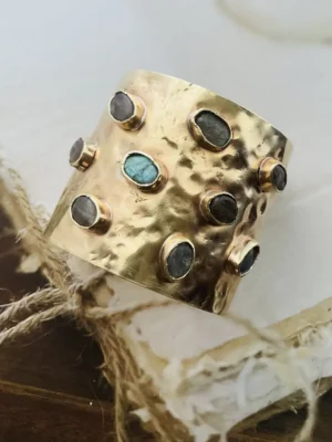 Gold_Bracelet_2_color_1 Hammered brass cuff bracelet with raw labradorite gemstone bezels