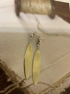 Handmade gold marquise drop earrings with textured silver granulated studs